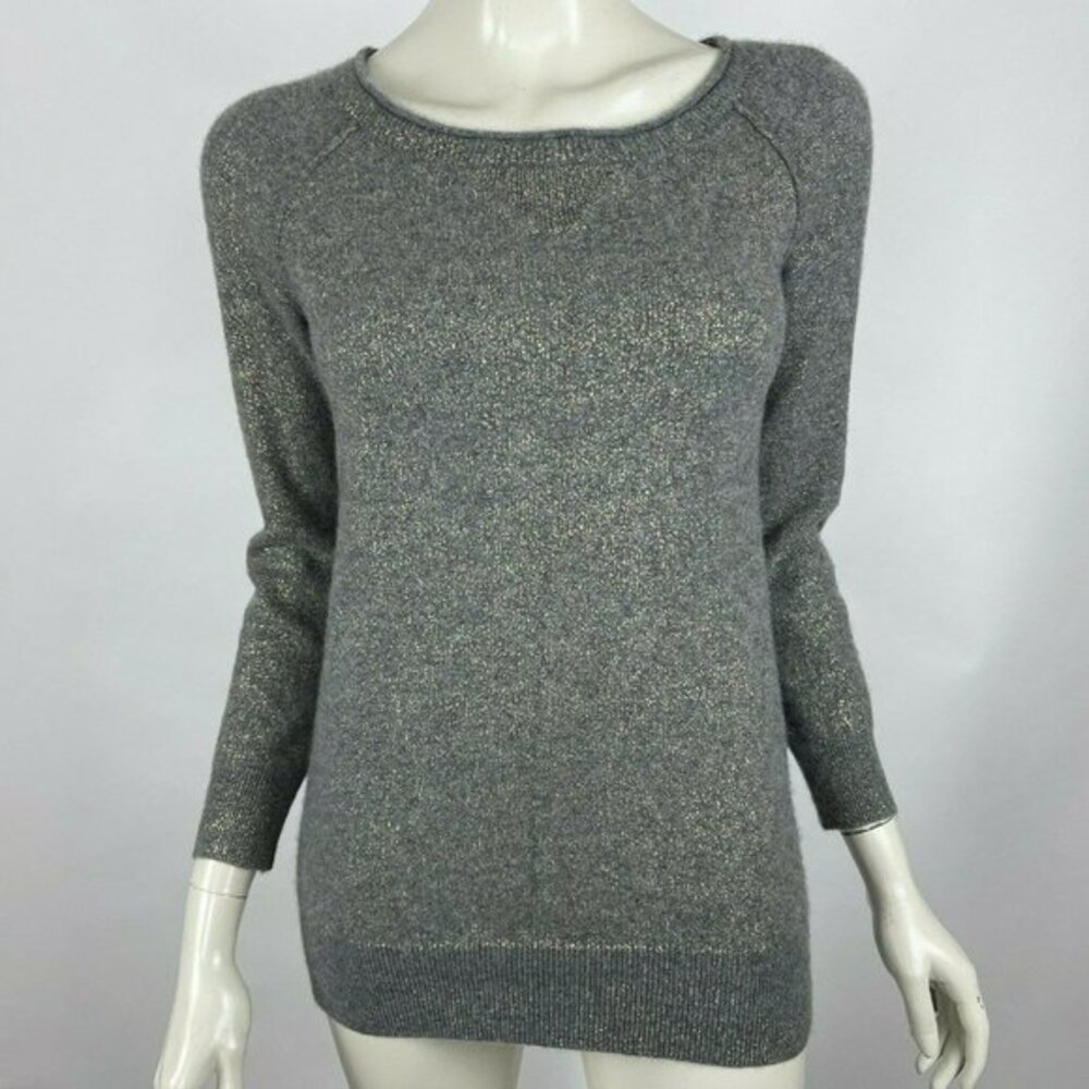 Vince Cashmere Sweater Long Sleeve Round Neck Gray Gold Shimmer PulloverWomen XS